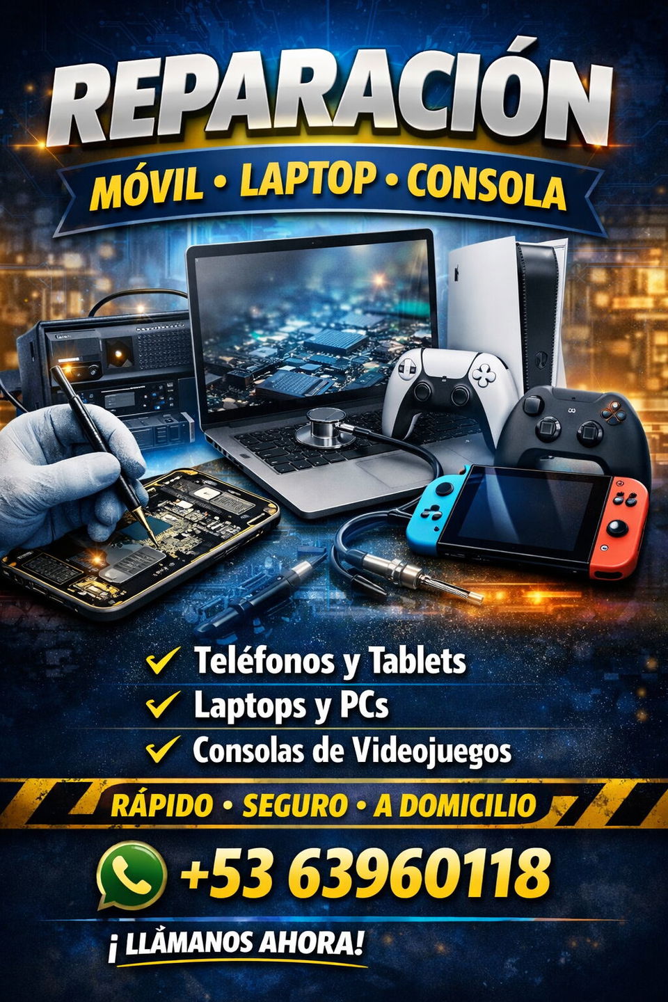 Portada de Servicio técnico electrónico a domicilio en Playa: reparación de móviles, laptops y consolas