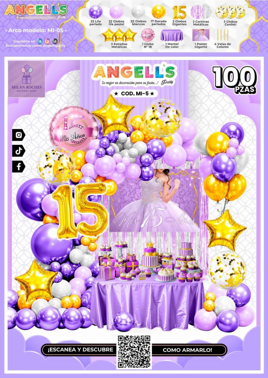 Portada de Set decorativo temático de 100 piezas para 15 años, color morado