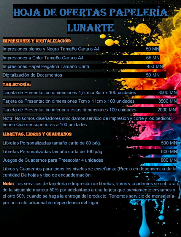 Portada de Servicios de impresión en papel y cartulina - Papelería LunArte