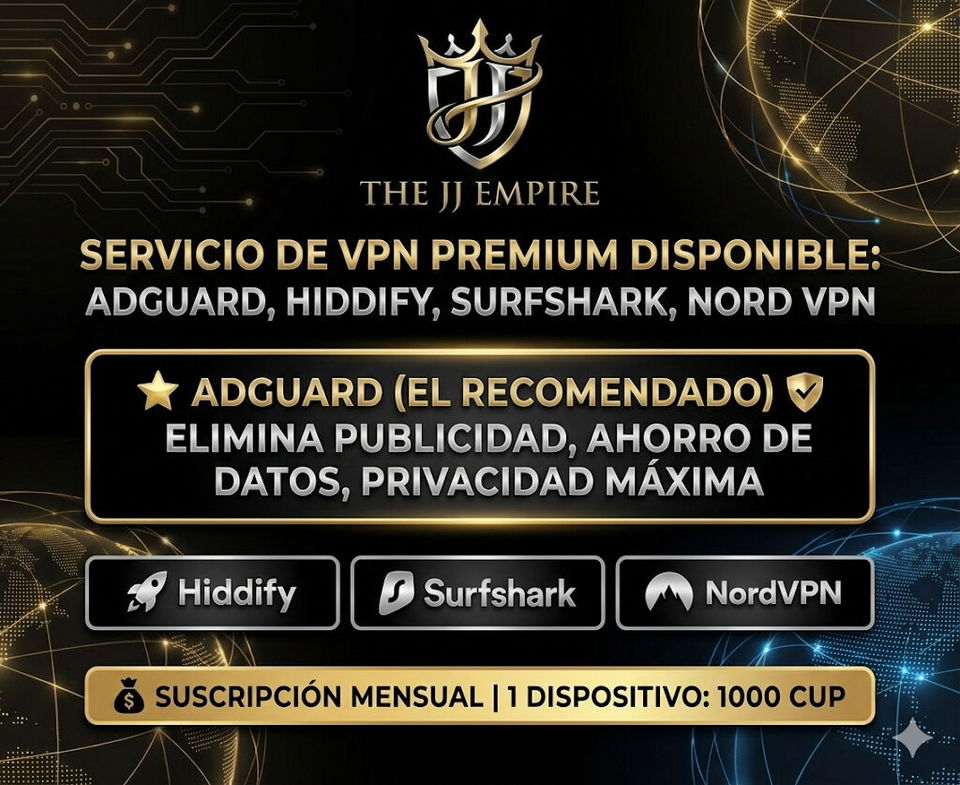 Portada de VPN Premium: AdGuard, Happ, Surfshark, NordVPN - Suscripción Mensual