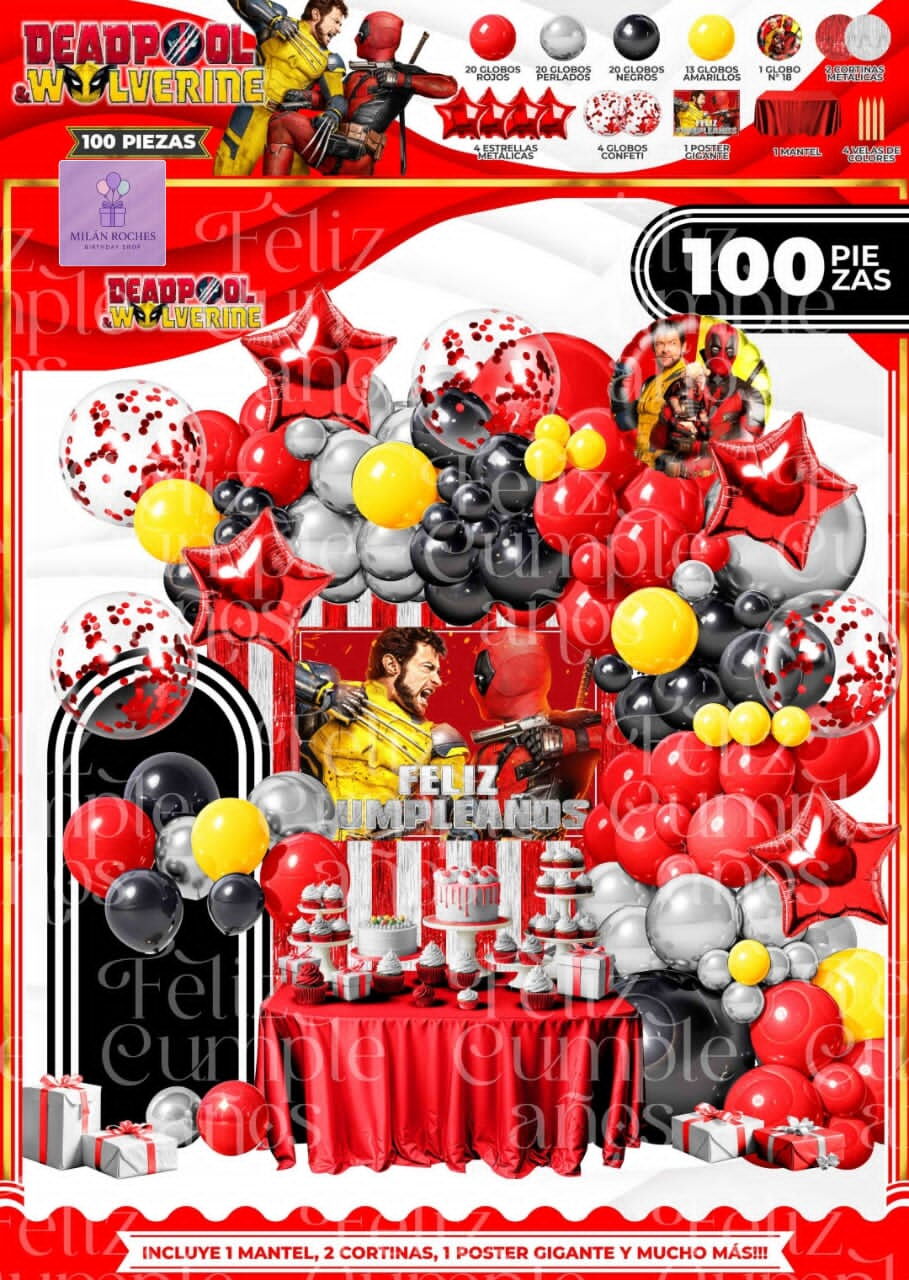 Portada de Set decorativo de 100 piezas de Deadpool para fiestas