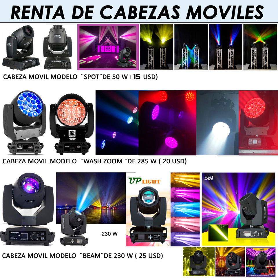 Portada de Renta de luces cabezas móviles para eventos con transporte disponible