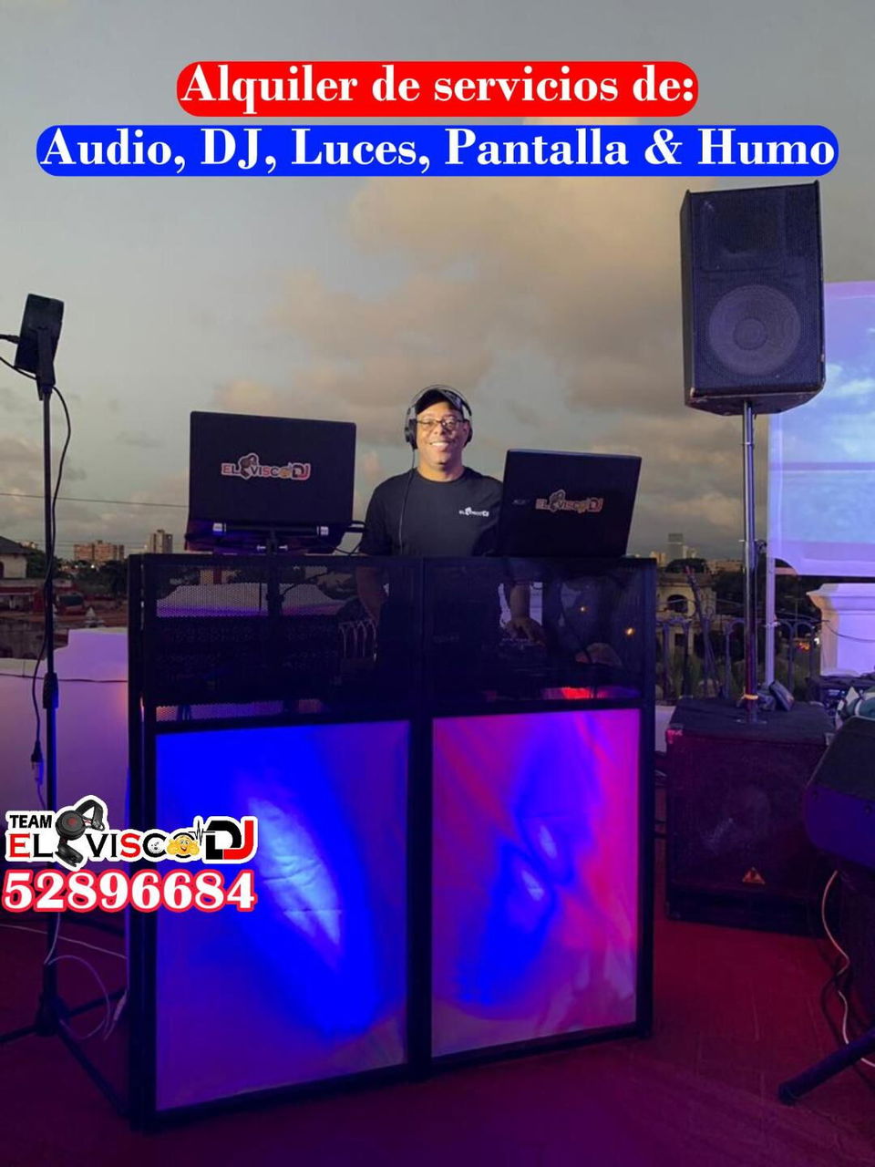 Portada de DJ para eventos con equipamiento de audio, luces, pantalla y humo